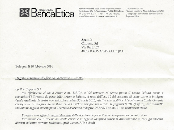 Termination letter from Banca Etica
